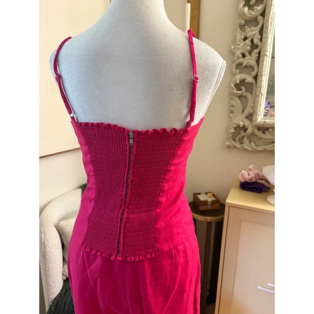 REFORMATION Hot Pink Linen Scalloped Matching Set Liam Pants Overland top Sz 4